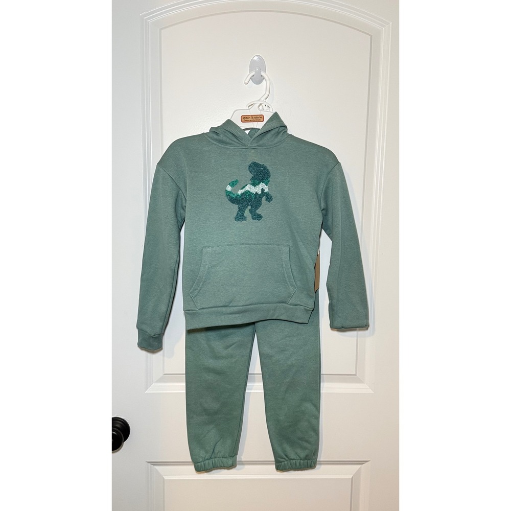 Stitch & Stone Kids Sage Green Dinosaur Chenille Fleece Hoodie and Joggers Set 6